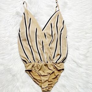 Charlotte Russe V Neck Striped Bodysuit Tan and Black Size XS